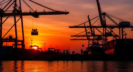 Obraz premium Silhouette of Cranes at a Busy Port During a Vibrant Sunset.