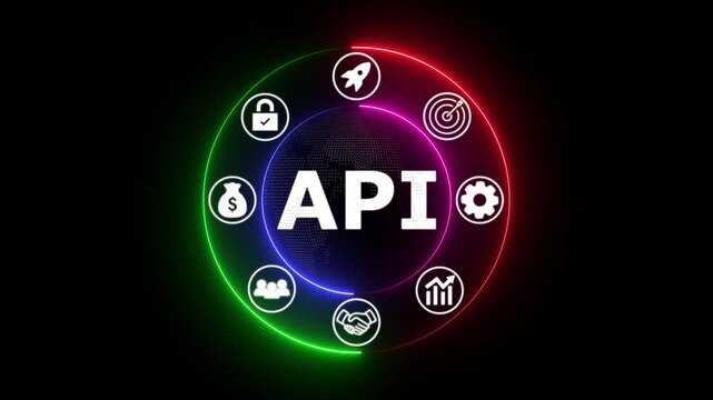 API technology interface glowing neon icons digital integration futuristic data connection