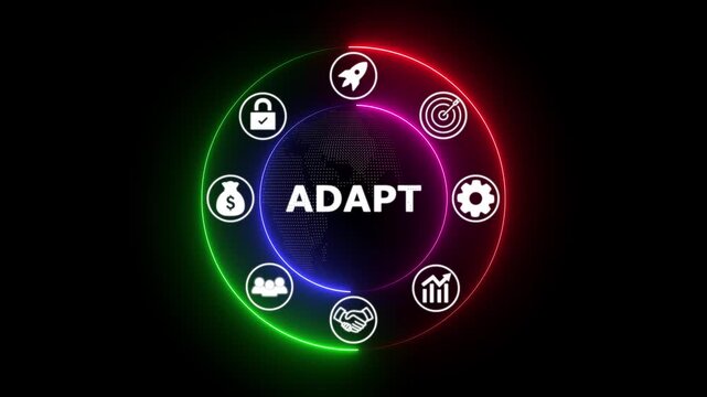 Business adaptability concept with glowing icons and neon circle on dark background