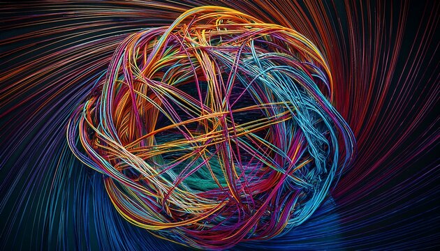 complex colored strings weaving together dark background artistic tangle design abstract