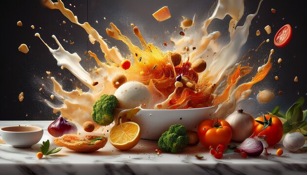 dynamic food explosion kitchen 3d art marble background close up culinary creativity