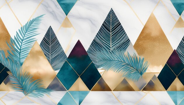 abstract trees and mountain prism geometric seamless pattern triangles with watercolor palm tree leaves marble grunge texture background with text space card banner