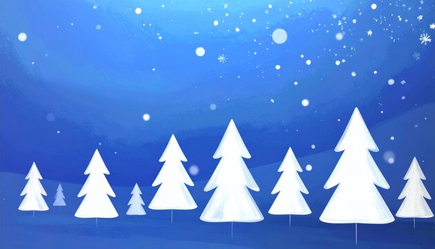 Fundo azul com silhuetas de &aacute;rvores brancas e neve caindo, ideal para temas de inverno e festas de fim de ano.