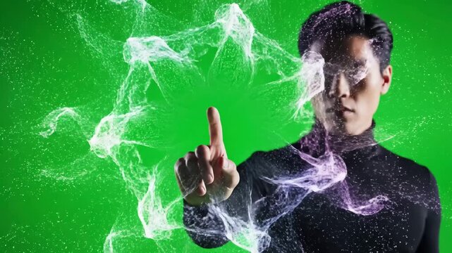 Green Screen men s fingers click touch on the in background scene 3 with distortion, overlay, glitch, static noise, scan lines black background, 4k animated video loop