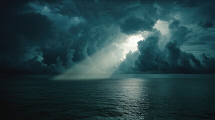 Obraz premium Storm Moves Over Sea With Sunbeam Reaching Water as a Sign of Hope After a Difficult Time, Capturing the Moment of Change Around Sunset