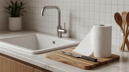 Paper towel roll and chef knife on a wooden cutting board in a clean, modern kitchen interior