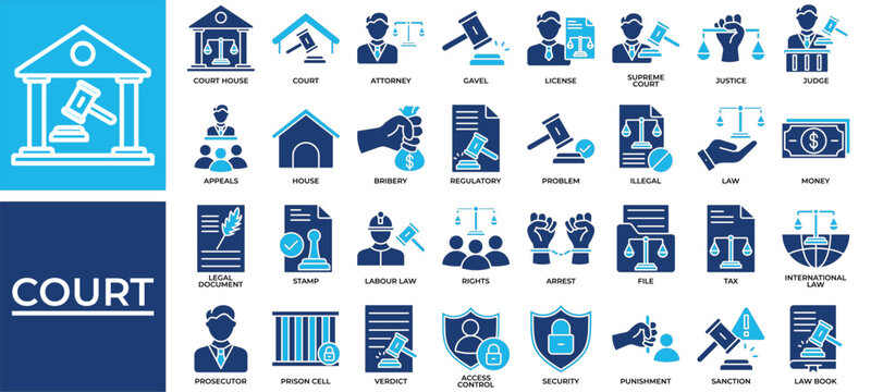 Court icon set collection. Containing judge, lawyer, punishment, attorney, justice, legal, law .Solid vector icons collection