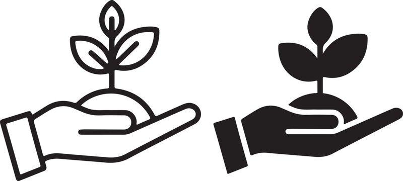 hand holding plant seedling growth care icon set outline silhouette vector illustration
