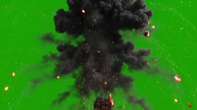 Green Screen explosion effect embers and black smoke scene 3 with distortion, overlay, glitch, static noise, scan lines on background, 4k animated video loop