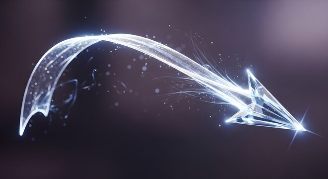 A glowing futuristic arrow with crystalline facets curves downward and sparkles with light particles representing declining trends or a strategic downward shift