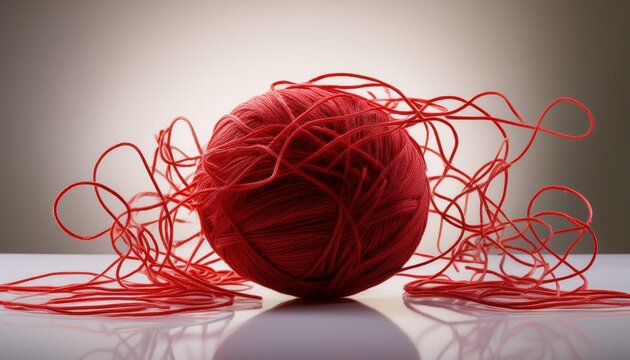 a red yarn ball sits on a light surface with messy strands spreading out in all directions like a playful tangle