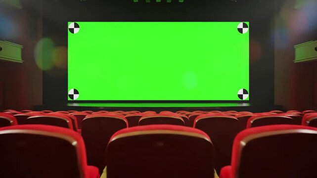 Green Screen beautiful wide in cinema hall moving through over the seats 3d animation with lights and tracking points art technology concept 4k ultra hd 3840x2160 scene 3 distortion, overlay, glitch
