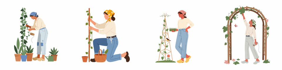 Women actively gardening: cultivating plants, maintaining trellises and arches for healthy growth and beautiful outdoor spaces. © Tono