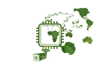 Green AI processor chip with world map and eco elements representing global sustainable technology system
