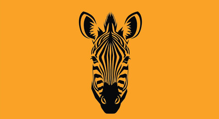 Illustration of a black silhouette of a zebras head on an orange background, showcasing its distinctive stripes and ears in a striking contrast © Hikari Vector Studio