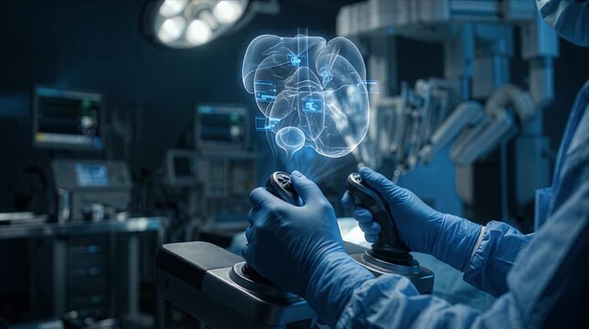 Robotic surgery surgeon modern operating room medical technology virtual interface hologram innovation precision healthcare hospital control digital anatomy screen efficiency supports patient health
