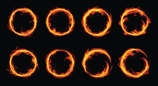 Illustration of collection of eight glowing fire ring shapes on a for design and decoration purposes