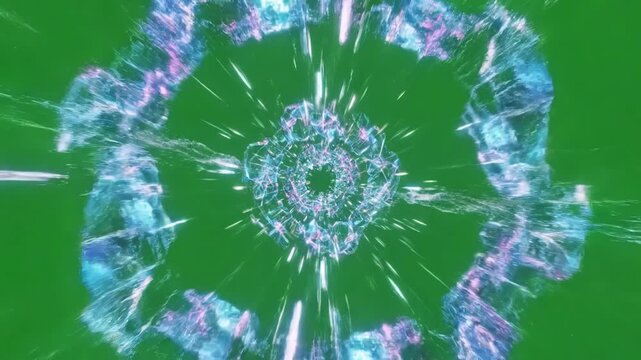 Abstract Data Stream Flow with flying in an sci fi vj loop tunnel distortion, green screen overlay, glitch, static noise, scan lines on black background, 4k animated video