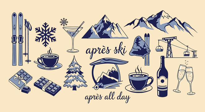 Illustration of a collection of blue icons and illustrations related to skiing and winter sports on a beige background with apres ski and apres all day text