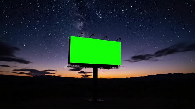 Minimalist Green Screen Billboard with advertising at sunset time lapse distortion, overlay, glitch, static noise, scan lines on black background, 4k animated video loop