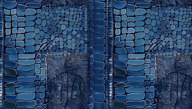 crocodile leather print seamless patchwork pattern in navy blue paint fashion trendy background for fabric design wallpaper