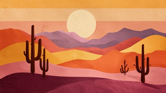 retro desert landscape with layered dunes mesas sunset and cactus silhouettes