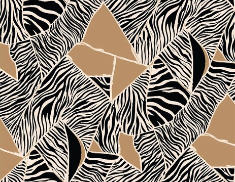 zebra print seamless patchwork pattern in beige camel and white black paint fashion trendy background for fabric design wallpaper