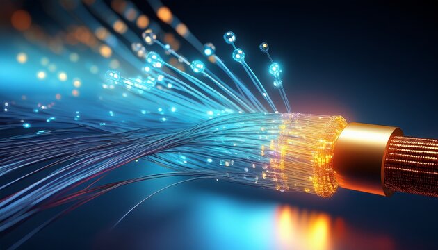 3d render close up end of a fiber optic cable on dark blue background close up view of fiber optic communication technology concept