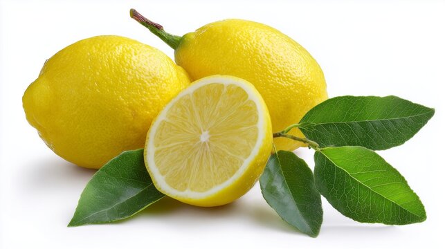 fresh yellow lemons with leaf and half cut isolated on white