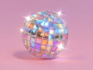 Une boule à facettes scintillante et irisée avec des reflets colorés posée sur un fond rose pastel pour une ambiance de fête rétro et élégante.