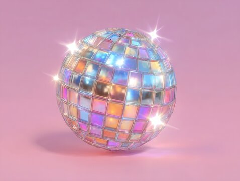 Une boule &agrave; facettes scintillante et iris&eacute;e avec des reflets color&eacute;s pos&eacute;e sur un fond rose pastel pour une ambiance de f&ecirc;te r&eacute;tro et &eacute;l&eacute;gante.