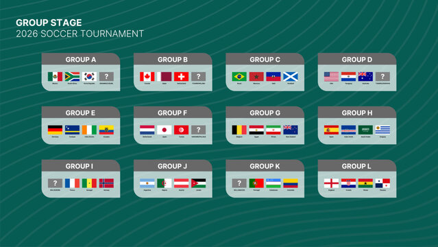 2026 International Soccer Tournament Group Stage Bracket and Flags Vector Template