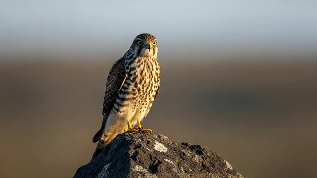 Merlin falcon perched on a rock looking right at sunset light