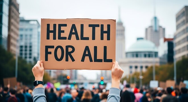 Protesters advocating for universal healthcare access and equality
