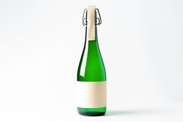 白背景に立つグリーンのガラス瓶（スイングトップボトル）のクローズアップ