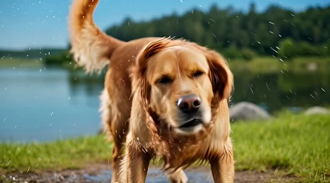 Golden Retriever dog shaking off water after a swim near the lake