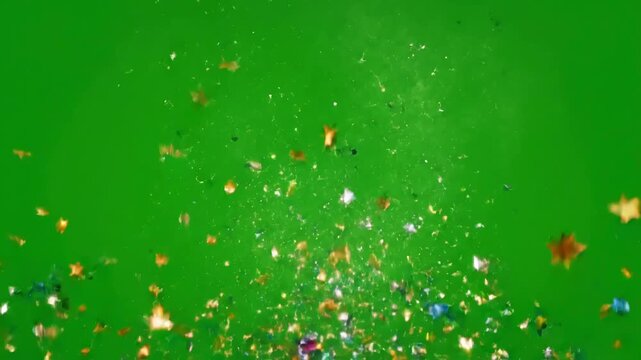 Green Screen colorful confetti explosion on background for festive celebrations and video overlays scene 2 with distortion, overlay, glitch, static noise, scan lines black background, 4k animated loop