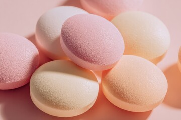Fototapeta premium Soft Pastel Pills Arranged on a Smooth Surface Showing Details of Texture and Color in a Clinical Setting