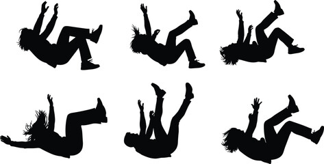 Falling person silhouettes set, human falling poses collection, accident or jump motion silhouettes, people fall action vector illustration