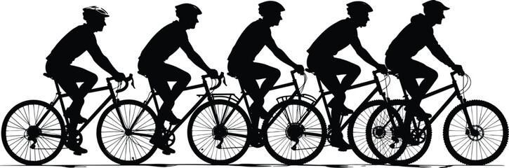 Fototapeta premium Cyclist Silhouette Collection Featuring Multiple Road Bikers Riding in Sequence, Black Vector Illustration Isolated on White Background for Sports, Fitness, Racing and Outdoor Design