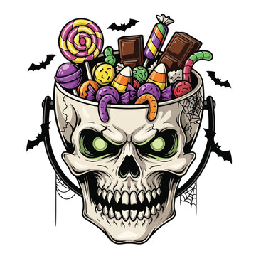 Halloween Skull Cauldron with Sweets and Candy.