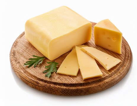 block of kashar cheese and sliced cheeses on the side isolated on a white background