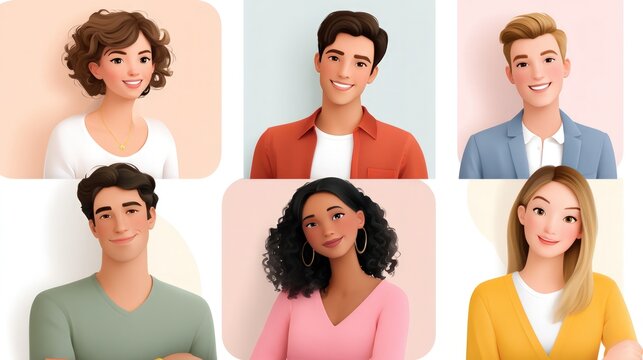 Group of diverse smiling young men and women avatars representing online team collaboration