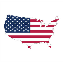 Patriotic silhouette of the United States filled with the American flag design, featuring bold red and white stripes and a starry blue field. Perfect for themes of national pride, independence