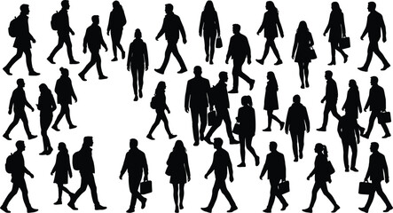 Silhouettes of diverse people walking in different directions, carrying bags backpacks briefcases, busy urban crowd movement scene, flat vector illustration