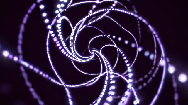 A spiral of glowing violet dots coils inward on a deep purple background, forming sweeping helix trails that pulse and fade, like a luminous vortex drawing the viewer through swirling light.