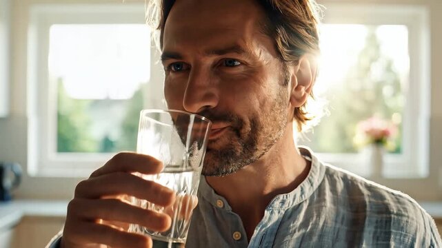 Man drinking water in the kitchen staying hydrated healthy lifestyle concept.