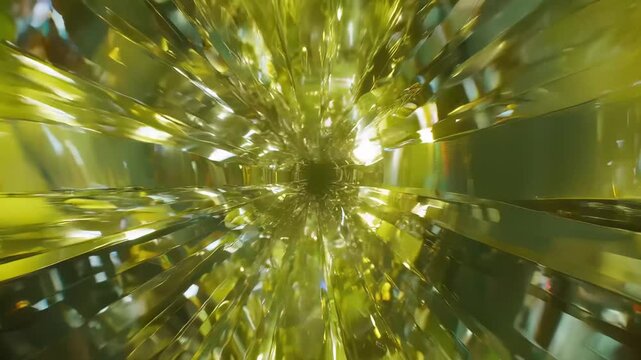 Lime-green crystal shards streak inward toward a bright core, forming a prismatic tunnel of glassy light; reflections and refractions flicker, suggesting rapid motion and dizzying depth.