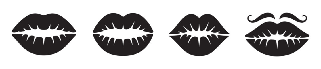 Obraz premium Set of stylized black lips and mustache icons isolated on white background with white mouth interior