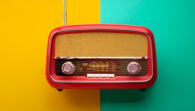 an old fashioned red radio on a mint and yellow background
